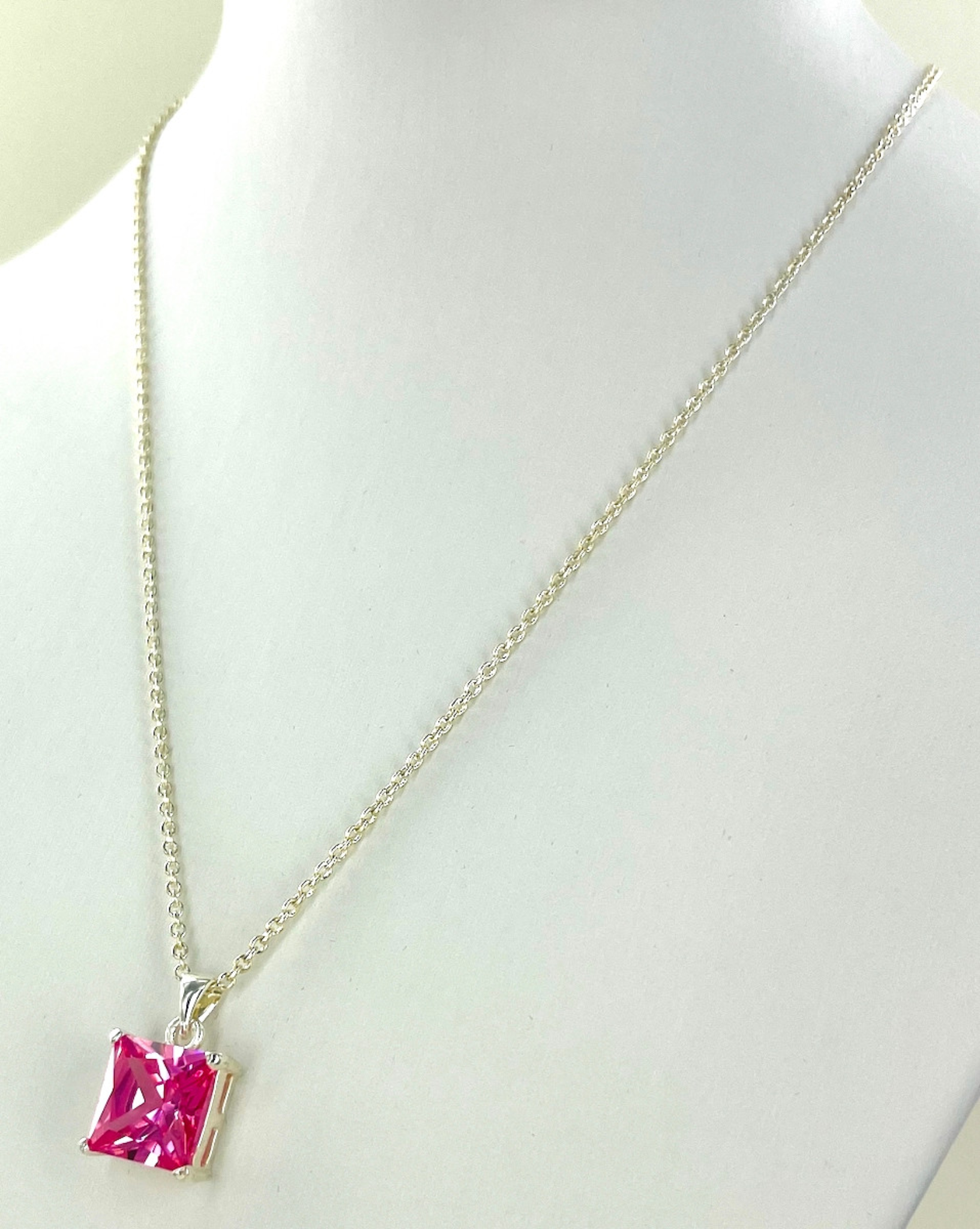 Pink Square-Cut Pendant Necklace in Silver