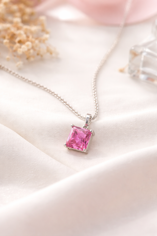 Pink Square-Cut Pendant Necklace in Silver